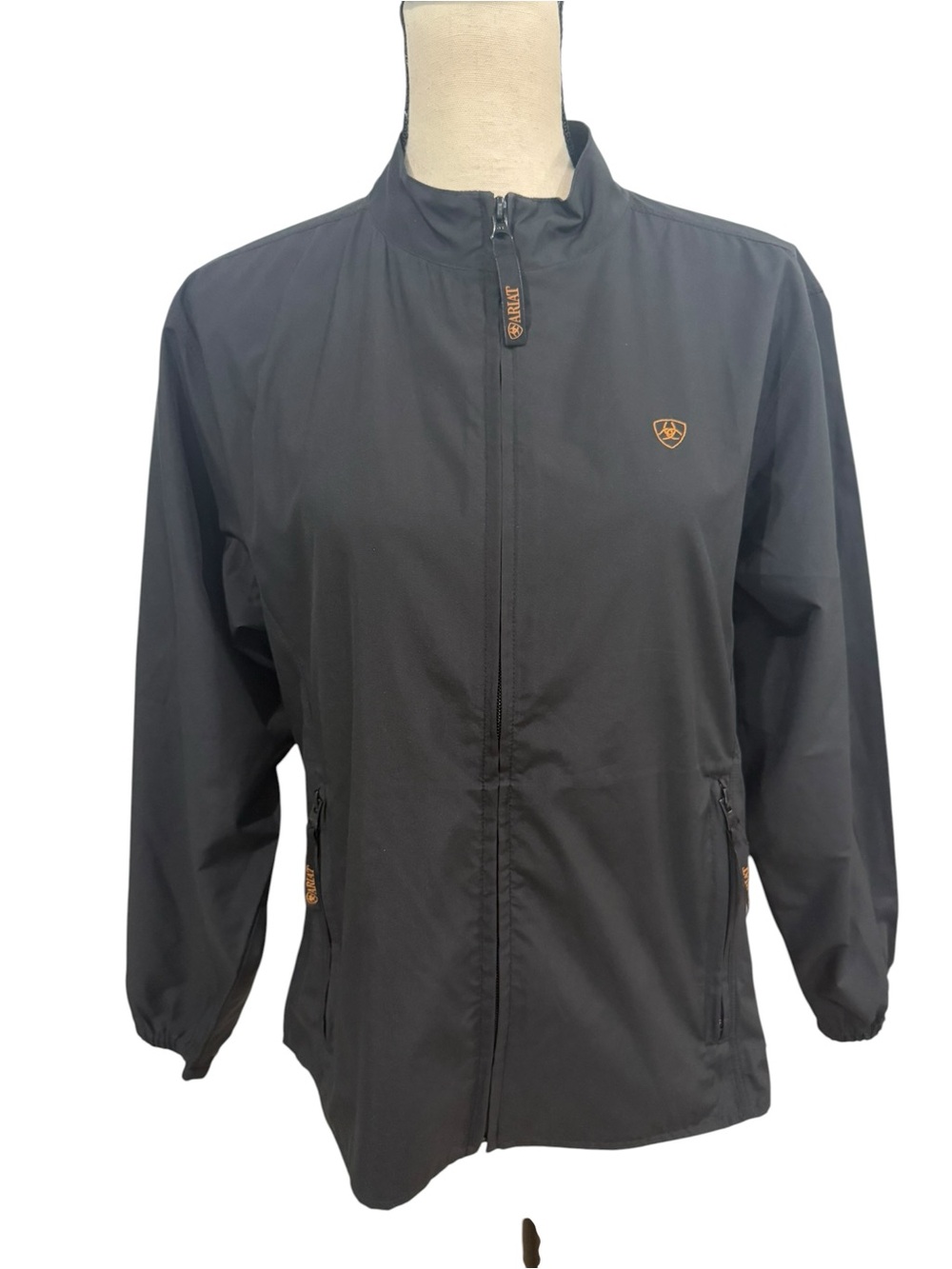 Ariat Women’s Black Jacket with Gold Logo Patch Windbreaker Size Large Western